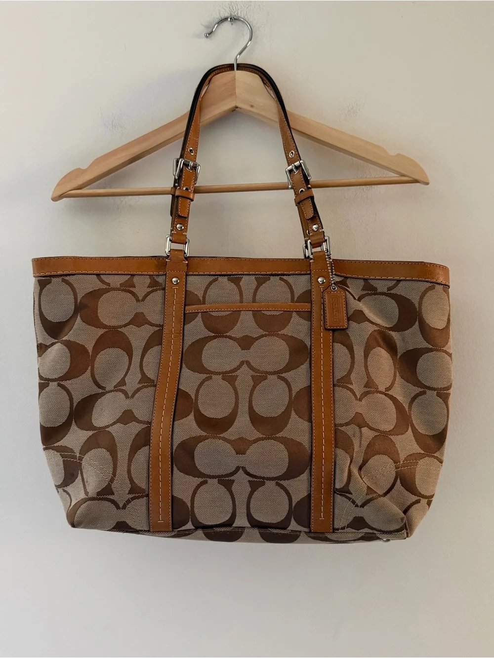 Coach Y2K Bag Tote Purse Signature Jacquard Tote Khaki Brown Leather